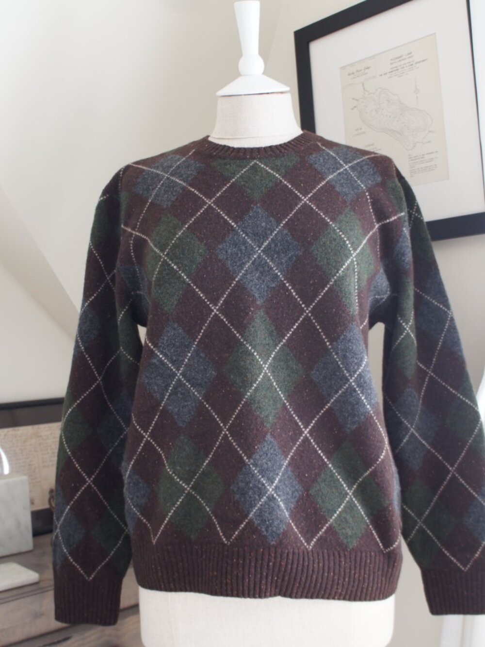 Lands End Brown Green & Dark Gray 100% Wool Argyle Sweater Size Large